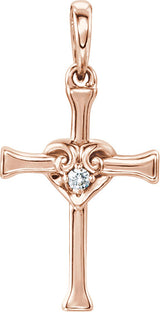 14K Gold Round Natural Diamond Accented Heart & Cross Pendant - Rose Gold