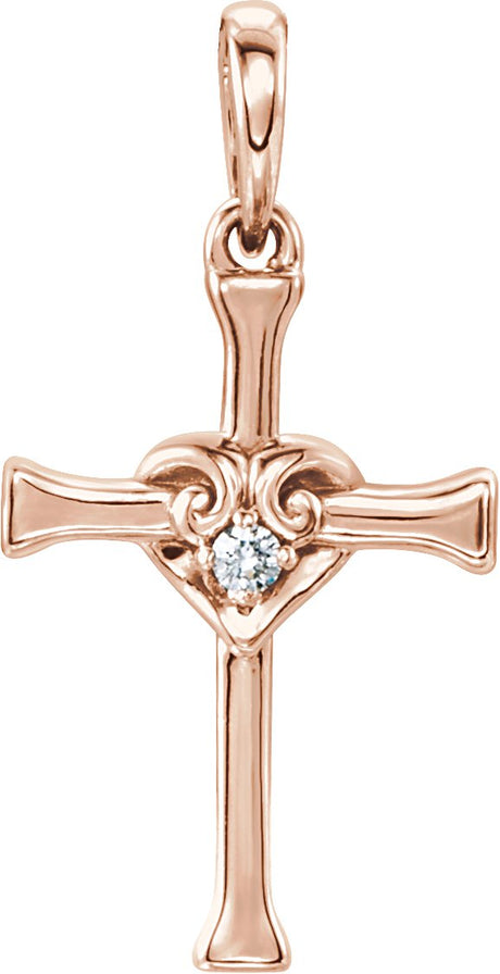 14K Gold Round Natural Diamond Accented Heart & Cross Pendant - Rose Gold