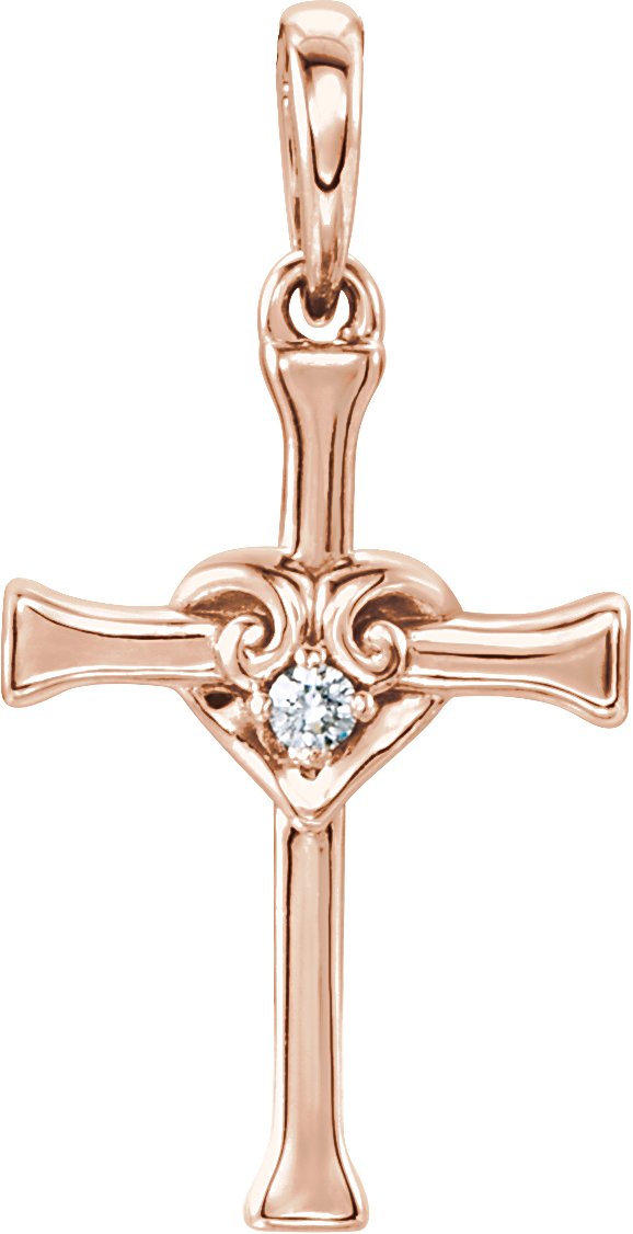 14K Gold Round Natural Diamond Accented Heart & Cross Pendant - Rose Gold