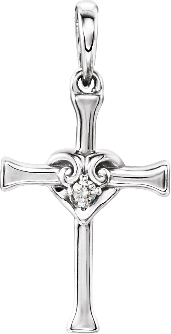 14K Gold Round Natural Diamond Accented Heart & Cross Pendant - White Gold