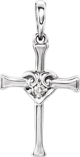 Platinum Round Natural Diamond Accented Heart & Cross Pendant