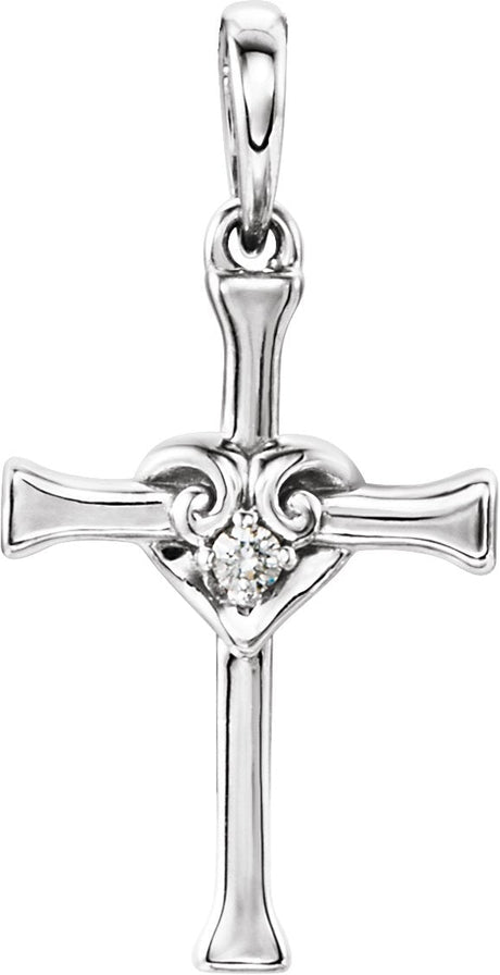 Platinum Round Natural Diamond Accented Heart & Cross Pendant