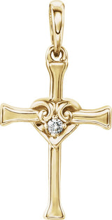 14K Gold Round Natural Diamond Accented Heart & Cross Pendant - Yellow Gold