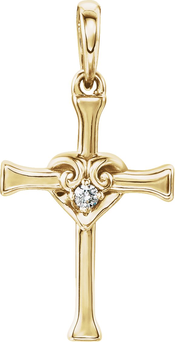 14K Gold Round Natural Diamond Accented Heart & Cross Pendant - Yellow Gold