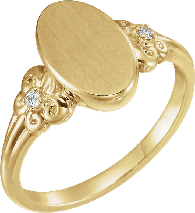 14K Gold Round Natural Diamond Oval Fleur-de-lis Signet Ring - Yellow Gold