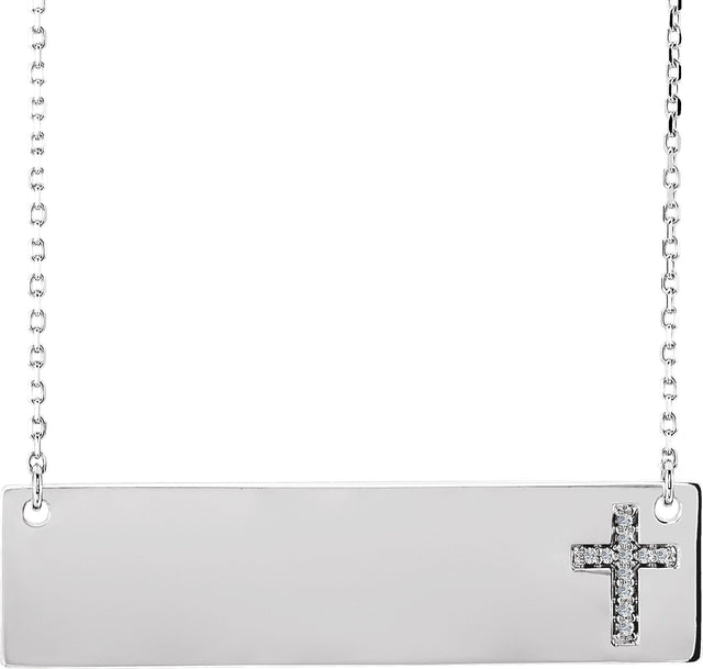 14K Gold Round Natural Diamond Engravable Cross Necklace - White Gold