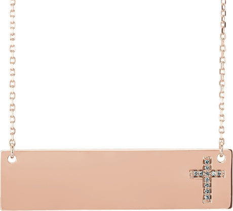 14K Gold Round Natural Diamond Engravable Cross Necklace - Rose Gold