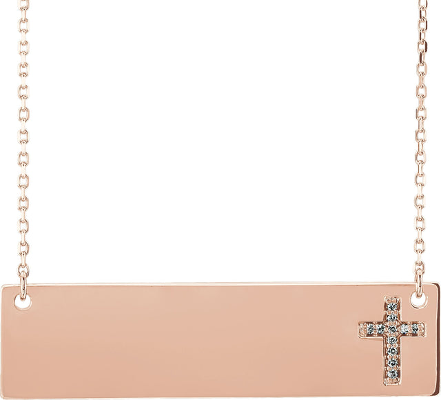 14K Gold Round Natural Diamond Engravable Cross Necklace - Rose Gold
