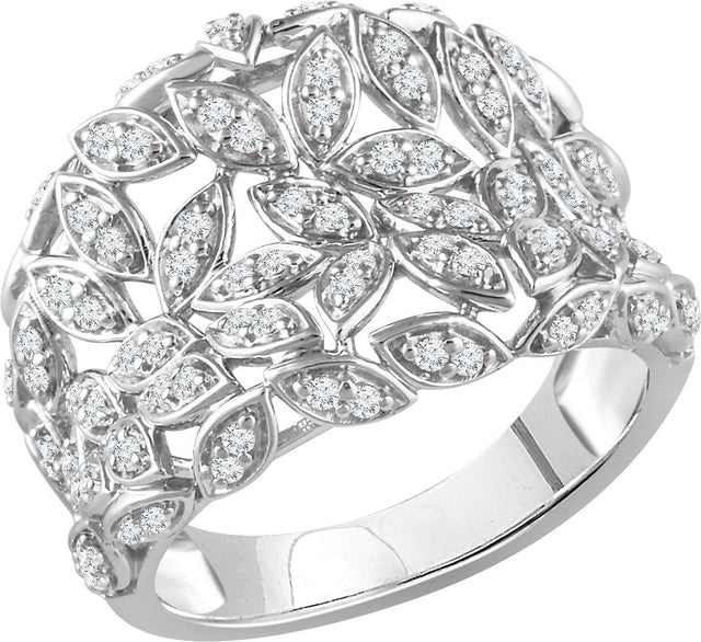 14K Gold Round Natural Diamond Leaf Ring IV - White Gold