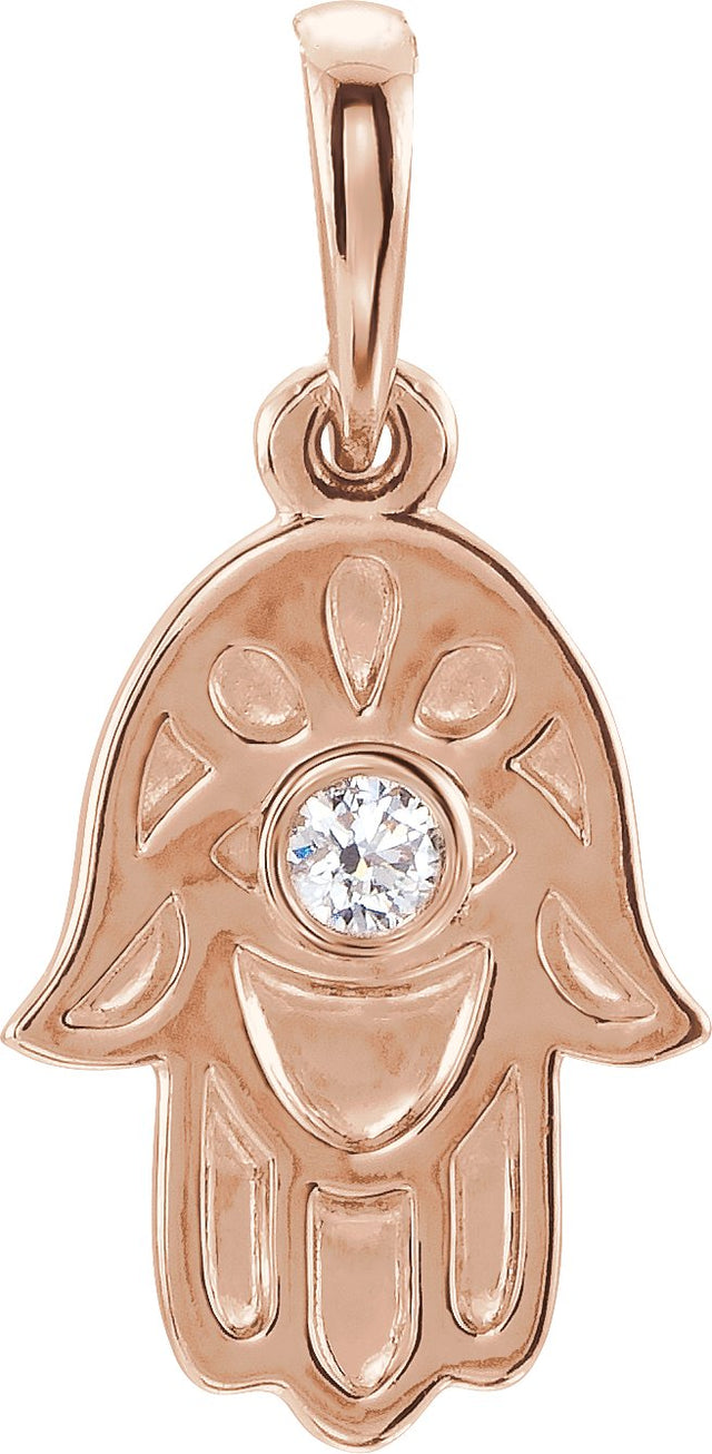 14K Gold Round Natural Diamond Hamsa Necklace or Pendant - Rose Gold