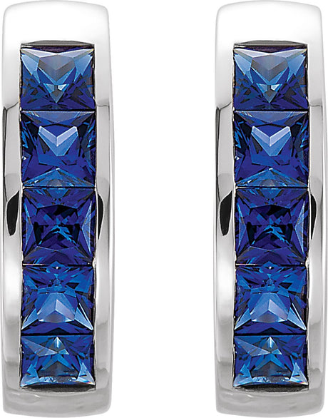 Platinum Square Lab-Grown Blue Sapphire Channel-Set Hoop Earrings - view 2
