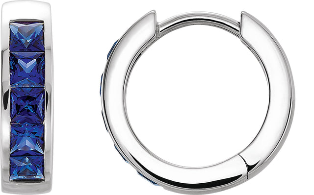 14K Gold Square Lab-Grown Blue Sapphire Channel-Set Hoop Earrings - White Gold