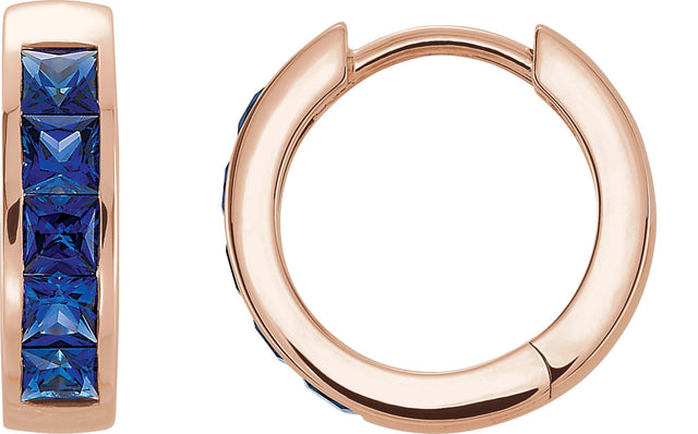 14K Gold Square Lab-Grown Blue Sapphire Channel-Set Hoop Earrings - Rose Gold