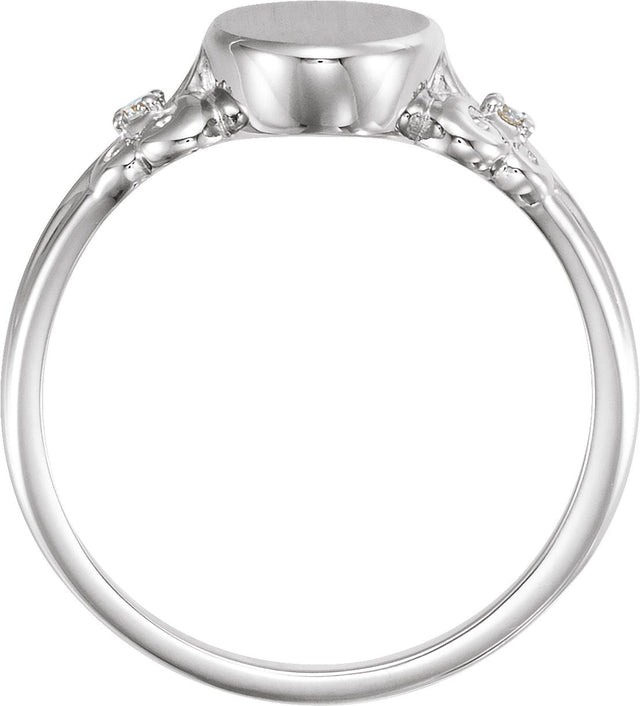 Platinum Round Natural Diamond Oval Fleur-de-lis Signet Ring - view 2
