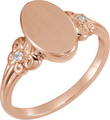 14K Gold Round Natural Diamond Oval Fleur-de-lis Signet Ring - Rose Gold