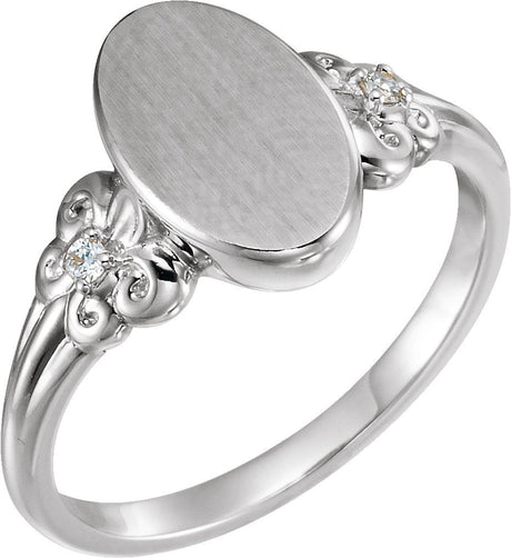 Platinum Round Natural Diamond Oval Fleur-de-lis Signet Ring
