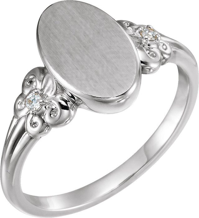 Platinum Round Natural Diamond Oval Fleur-de-lis Signet Ring