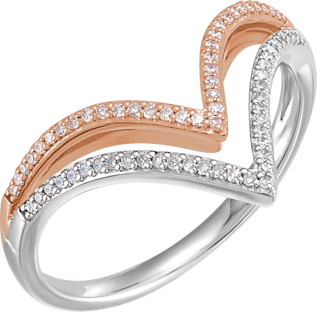 14K Gold Round Natural Diamond V Ring