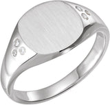 14K Gold Round Natural Diamond Engravable Square Signet Ring - White Gold