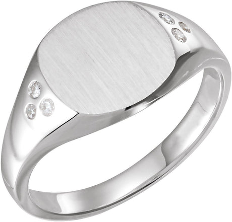 14K Gold Round Natural Diamond Engravable Square Signet Ring - White Gold