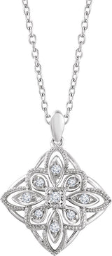 14K Gold Round Natural Diamond Granulated Filigree Necklace – 1/10 CTW