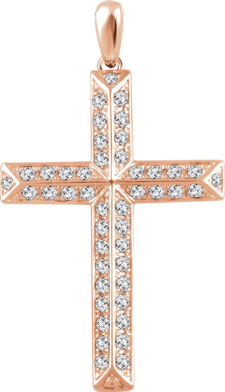 14K Gold Round Natural Diamond Cross Pendant - Rose Gold