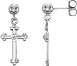 14K Gold Round Natural Diamond Accented Cross Earrings – 1mm Stones - White Gold