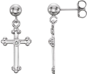 14K Gold Round Natural Diamond Accented Cross Earrings – 1mm Stones - White Gold