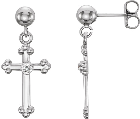 14K Gold Round Natural Diamond Accented Cross Earrings – 1mm Stones - White Gold