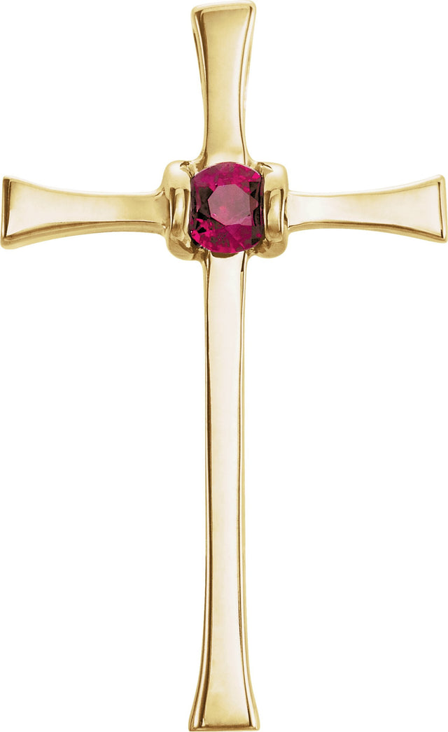 14K Gold Round Natural Ruby Solitaire Cross Pendant III - Yellow Gold