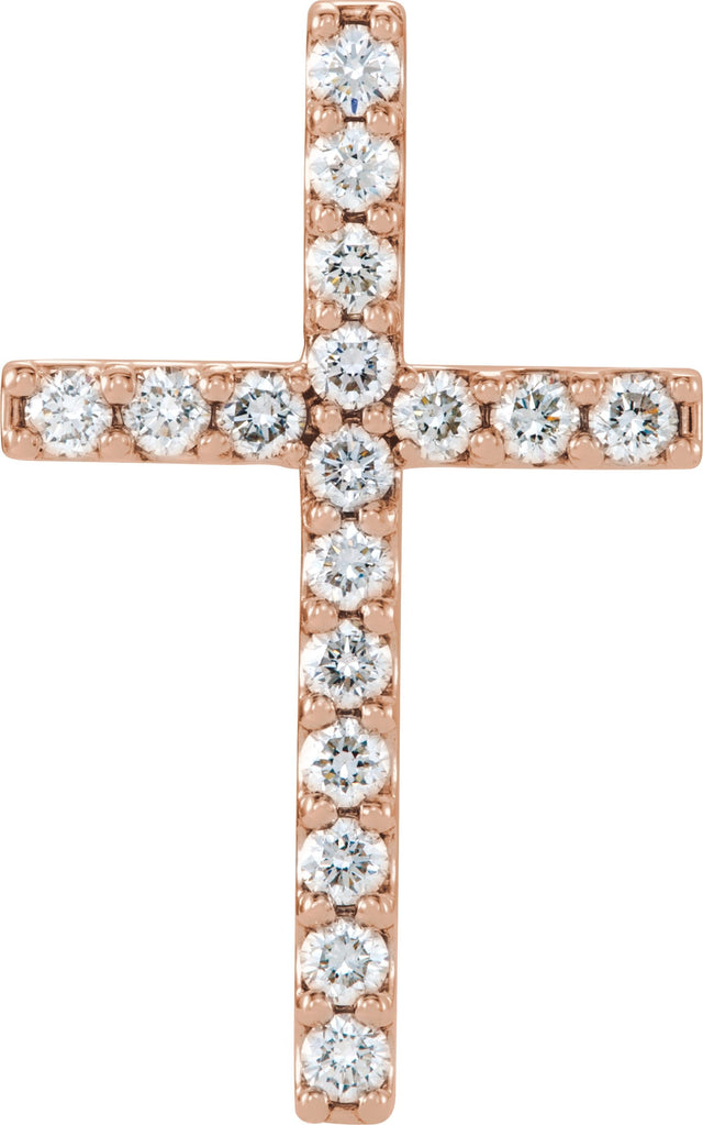 14K Gold Round Natural Diamond Petite Cross Necklace or Pendant – up to 1/2 CTW - Rose Gold