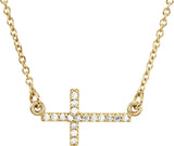 14K Gold Round Natural Diamond Sideways Cross Necklace - Yellow Gold