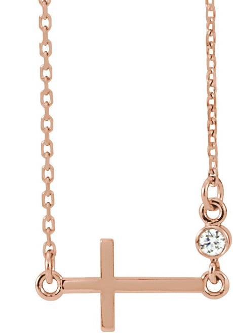 14K Gold Round Natural Diamond Accented Sideways Cross Necklace – 0.03 CTW - Rose Gold
