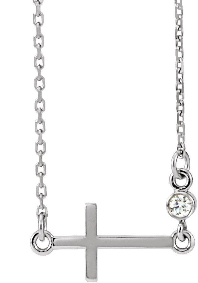 Platinum Round Natural Diamond Accented Sideways Cross Necklace – 0.03 CTW