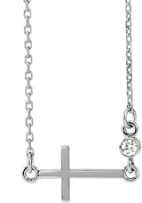 14K Gold Round Natural Diamond Accented Sideways Cross Necklace – 0.03 CTW - White Gold