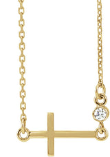 14K Gold Round Natural Diamond Accented Sideways Cross Necklace – 0.03 CTW - Yellow Gold