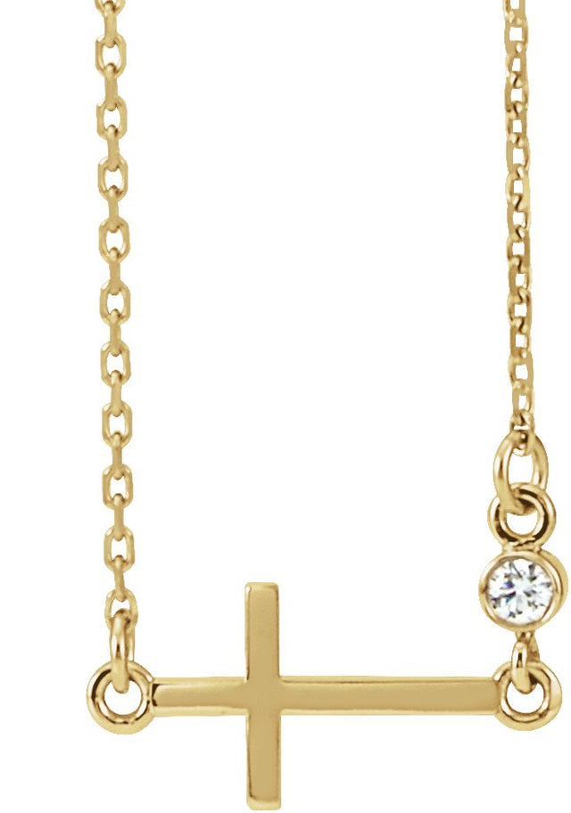 14K Gold Round Natural Diamond Accented Sideways Cross Necklace – 0.03 CTW - Yellow Gold