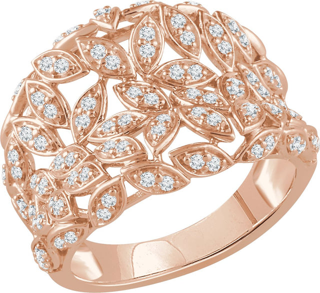 14K Gold Round Natural Diamond Leaf Ring IV - Rose Gold