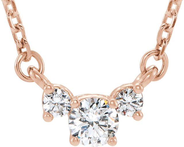 14K Gold Round Natural Diamond Three-Stone Necklace - Rose Gold