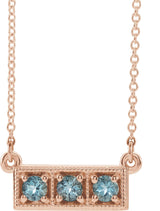 14K Gold Round Natural Aquamarine Three-Stone Bar Necklace - Rose Gold