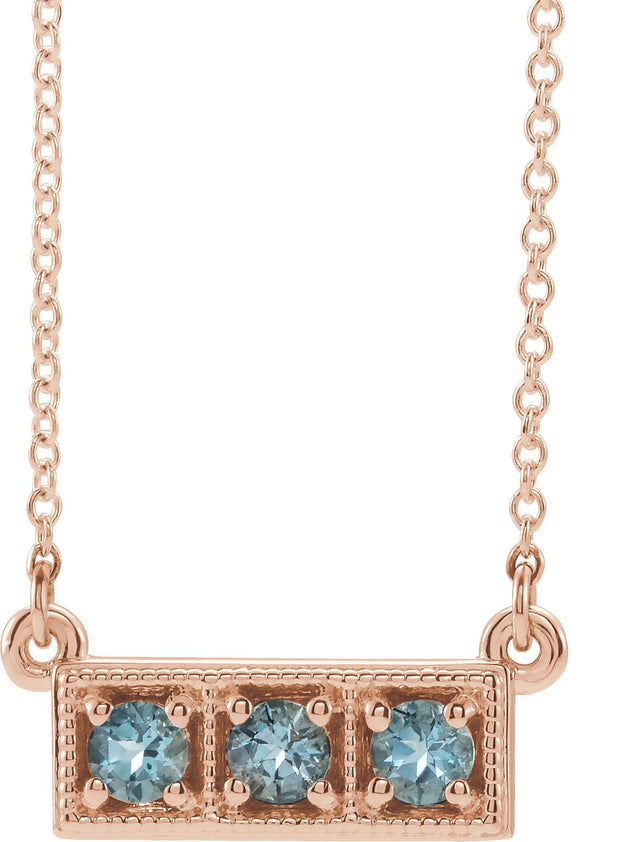14K Gold Round Natural Aquamarine Three-Stone Bar Necklace - Rose Gold