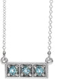 Platinum Round Natural Aquamarine Three-Stone Bar Necklace