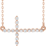 14K Gold Round Natural Diamond Sideways Cross Necklace – 23.23x15mm - Rose Gold