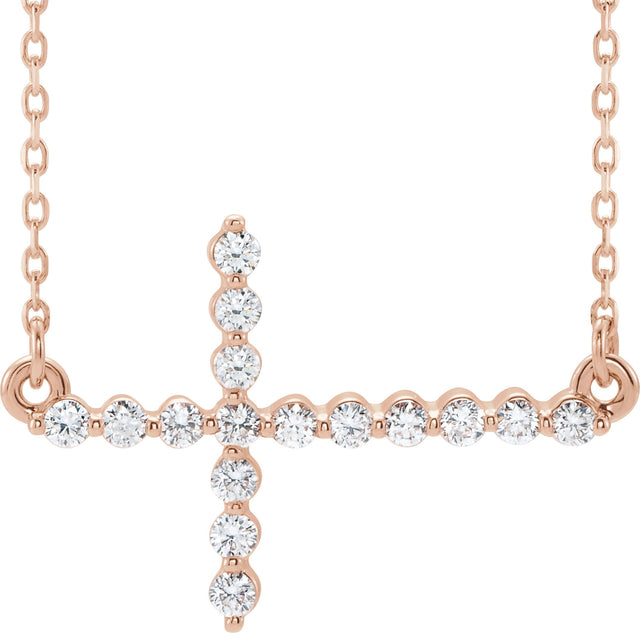 14K Gold Round Natural Diamond Sideways Cross Necklace – 23.23x15mm - Rose Gold
