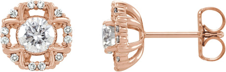 14K Gold Round Natural Diamond Halo-Style Earrings II - Rose Gold