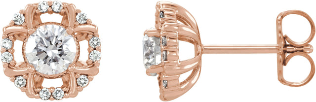 14K Gold Round Natural Diamond Halo-Style Earrings II - Rose Gold
