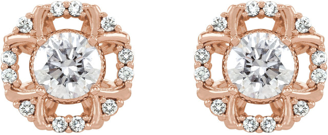 14K Gold Round Natural Diamond Halo-Style Earrings II - Rose Gold - view 2