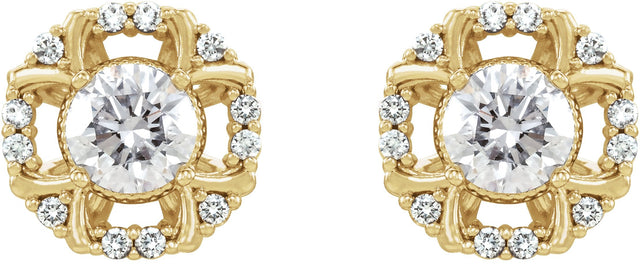 14K Gold Round Natural Diamond Halo-Style Earrings II - Yellow Gold - view 2