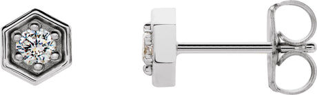 14K Gold Round Natural Diamond Hexagon Earrings - White Gold