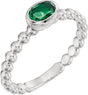 14K Gold Oval Natural Emerald Family Beaded Stackable Ring - White Gold